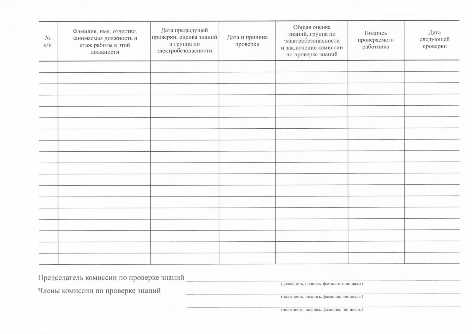 Журнал учета проверки знаний правил работы в электроустановках образец заполнения